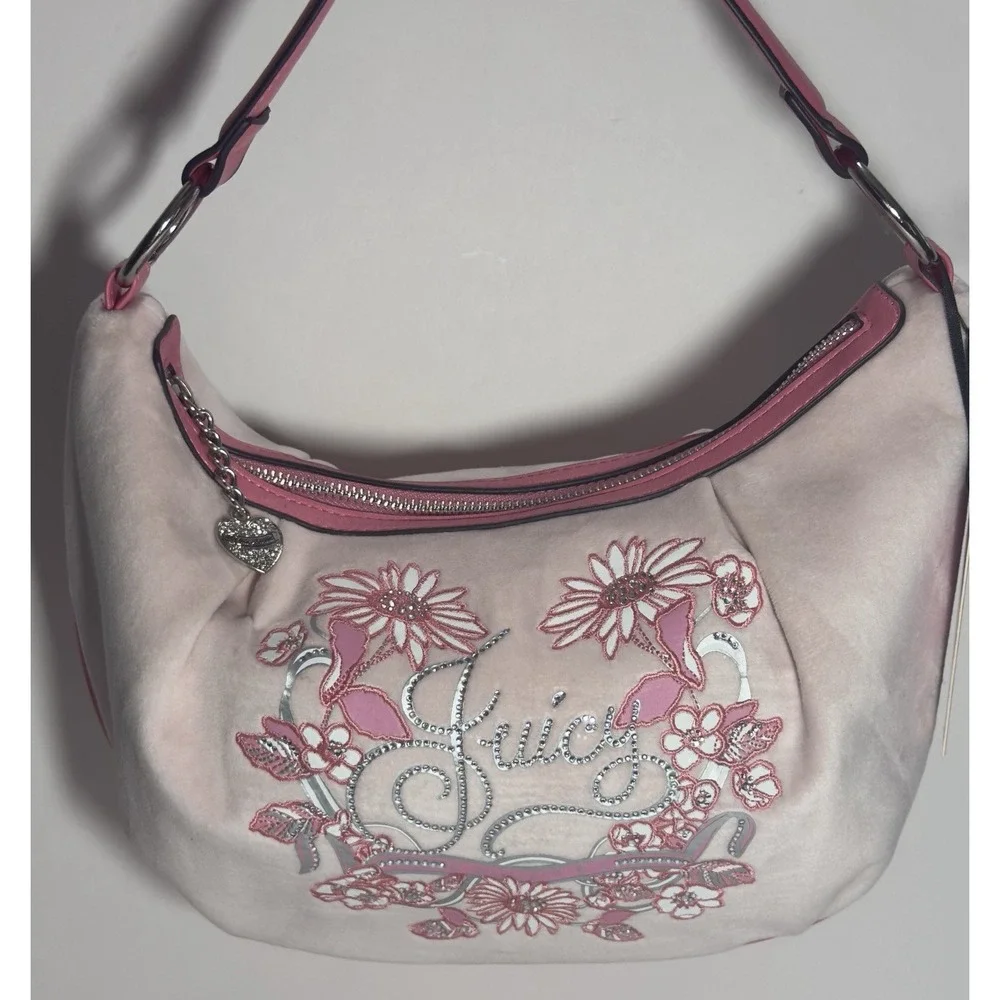 Juicy Couture Hobo Bag Juicy In Bloom Powder Blush Pink Velour Floral‎ Y2K